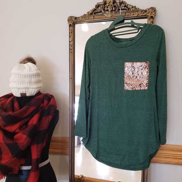 NEW Boyfriend Long Sleeve Tee with Sequin Pocket - Forest Green Colour - Picture 1 of 3